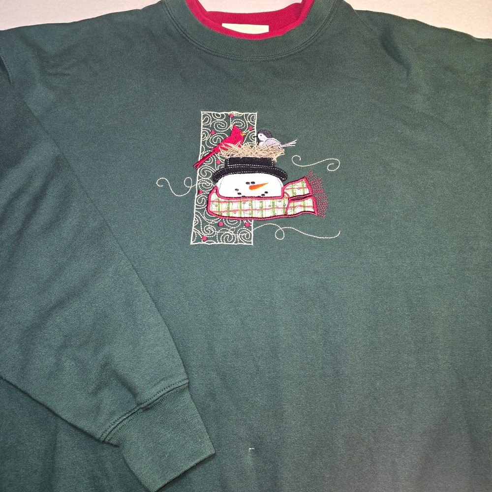 MC Sportswear Snowman Christmas Sweatshirt Mens XL Green Embroidered Fleece
